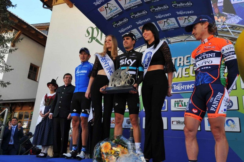 Giro del Trentino Melinda 2016 , 2° tappa Arco - Anras PODIO da sx 1 posto Firsanov Sergay, vincitore di tappa Landa Meana, 3 posto Cunego Damiano