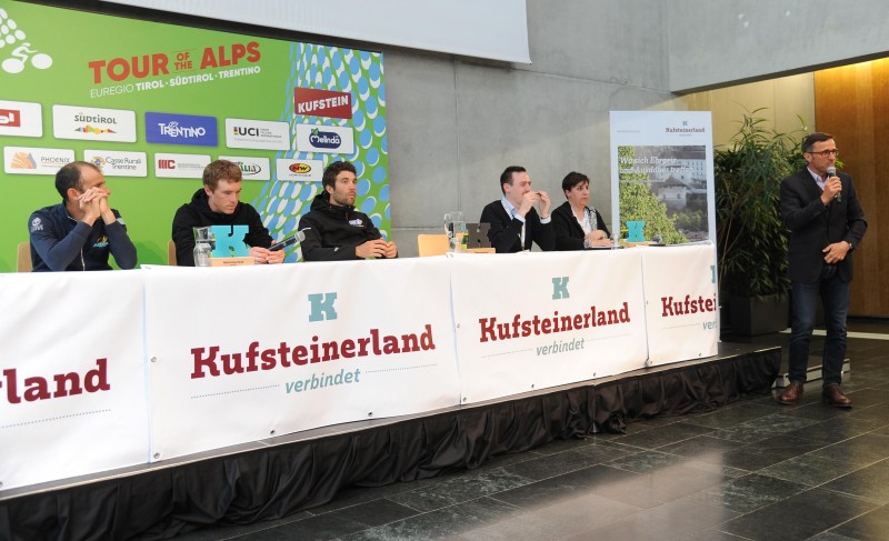 TOUR of The Alps conferenza Stampa con a sinistra Michele Scarponi Tibo Pinot , Kufstein 16 Aprile 2017 © foto Daniele Mosna